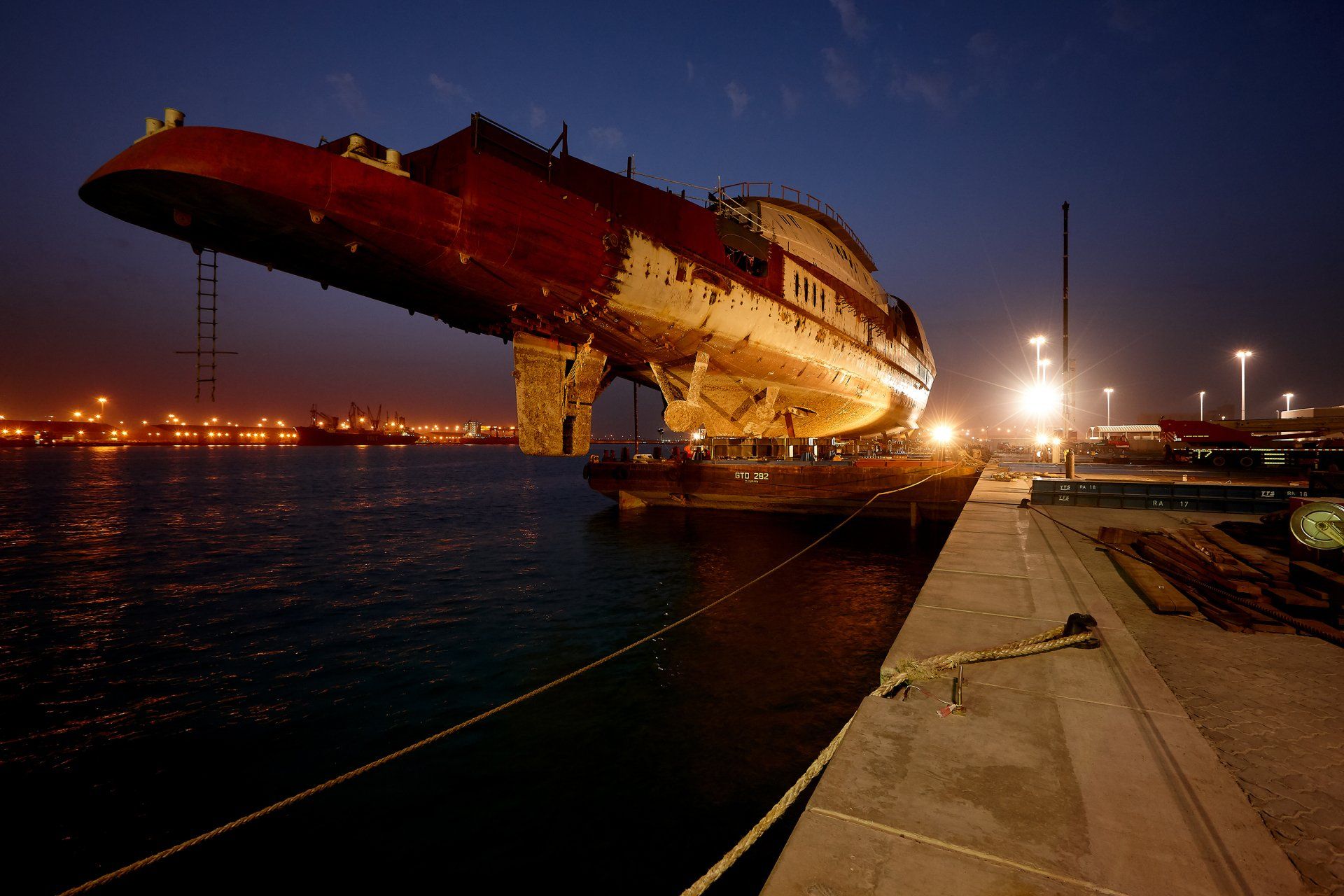 Transformation from a navy frigate to M/Y Yas in Abu Dhabi U.A.E. 2009. ©Dick Holthuis International Yacht Photographer.