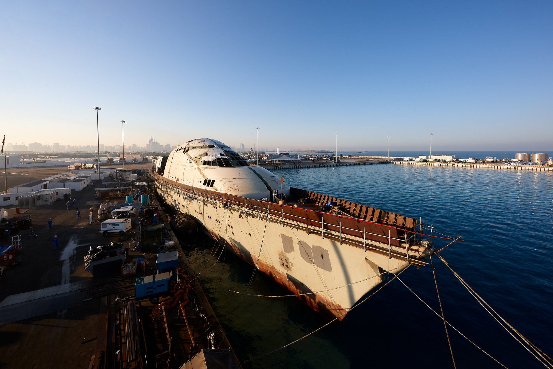 Transformation from a navy frigate to M/Y Yas in Abu Dhabi U.A.E. 2009. ©Dick Holthuis International Yacht Photographer.