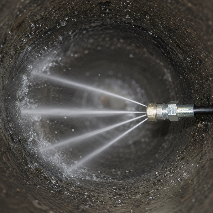 Pressure washer spraying water inside a dark circular pipe, cleaning the interior surface
