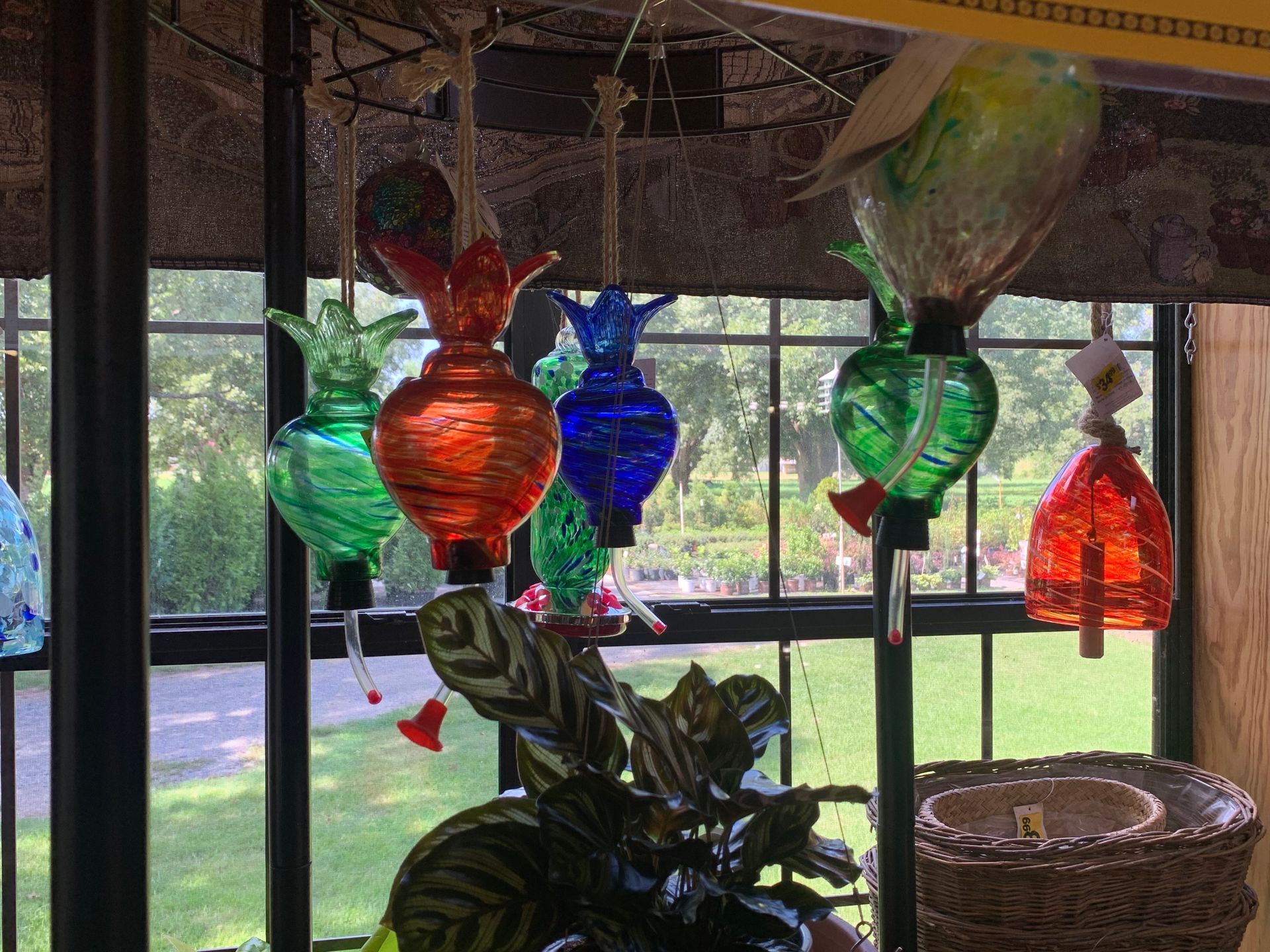 Colorful glass bird feeders hang by a window above a potted plant in a sunlit room.