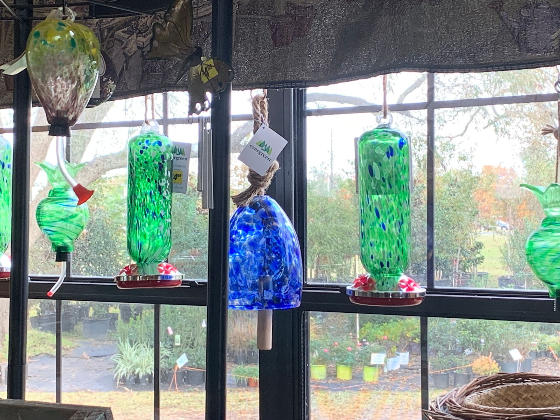 Colorful hanging glass bottles and bird feeders by a window, with a green bird perched at left.