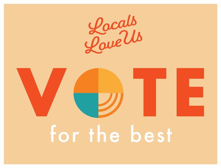 Locals Love Us poster with VOTE for the best in orange and teal on a beige background Locals Love Us poster with VOTE for the best in orange and teal on a beige background