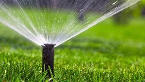 Sprinkler spraying water over a green lawn