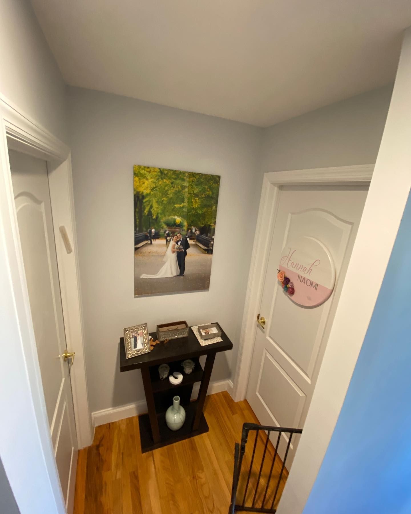 Small hallway with two white doors, a black console table, and a framed outdoor print on gray walls.