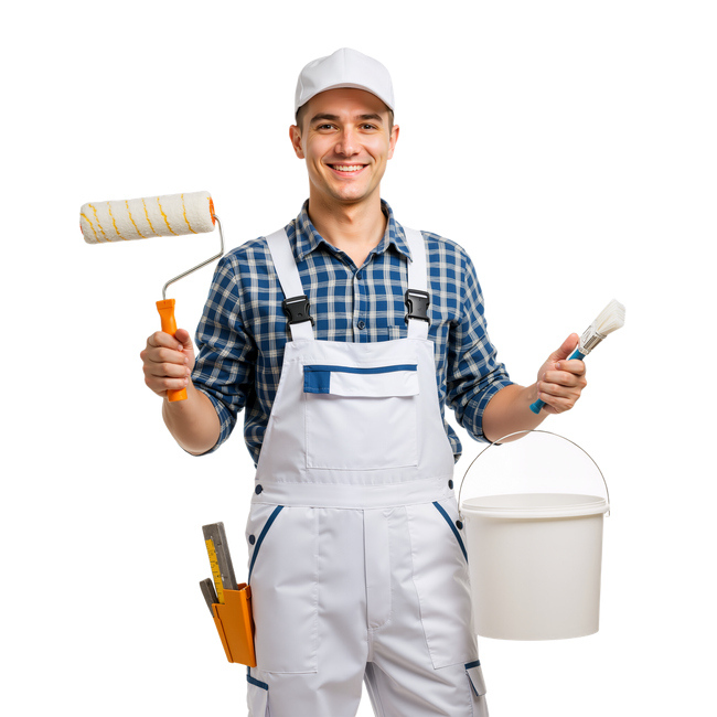 Painter in white overalls holding a paint roller, brush, and bucket, smiling on a white background