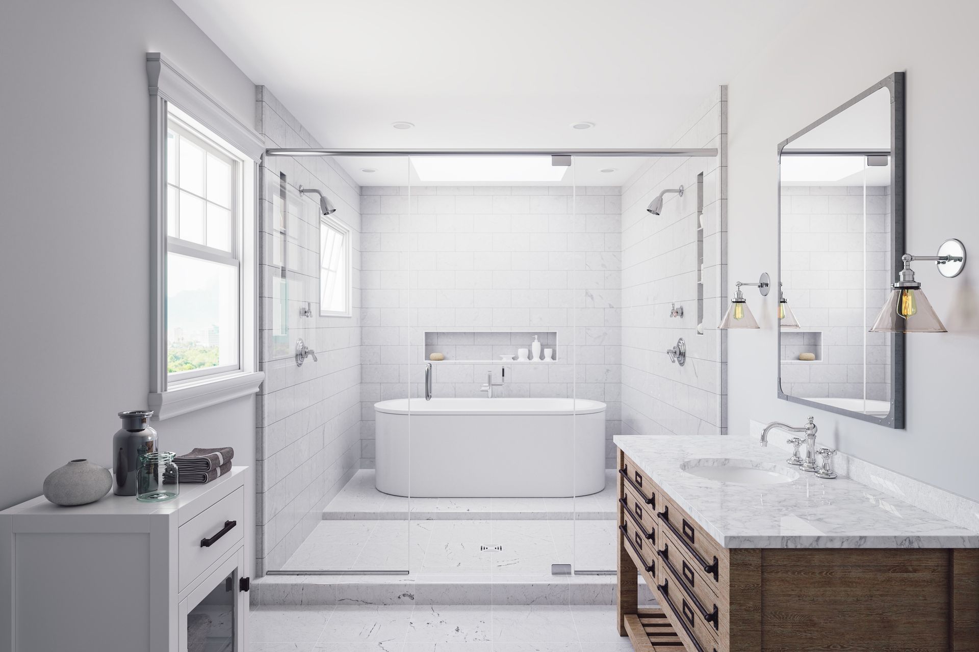A bathroom with a bathtub, sink, mirror and shower.