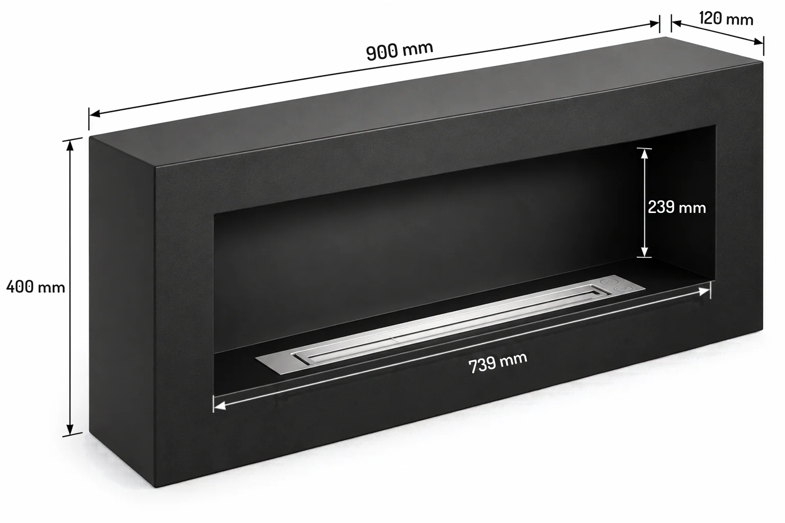 Technische tekening van een rechthoekige, in de muur gemonteerde inbouwopening met afmetingen en 3D-weergave.
