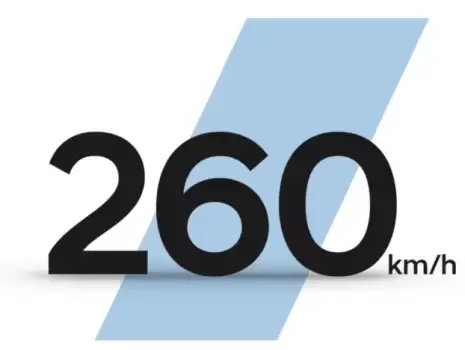 The number 260 km / h is on a blue background
