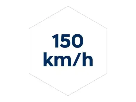 A blue and white hexagon with the words `` 150 km / h '' written inside of it. Inster