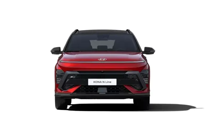 The front of a red car with a black grille on a white background. Kona N Line