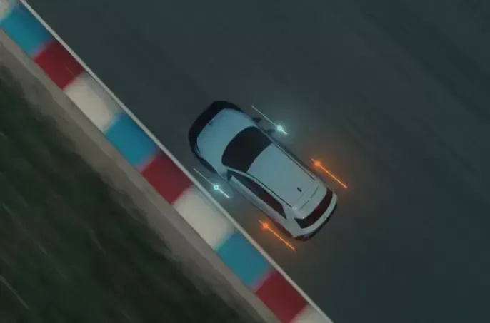 An aerial view of a car driving on a race track Ioniq 5 N