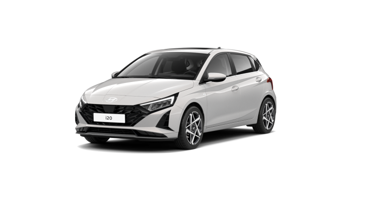 A white hyundai i20 hatchback is shown on a white background.