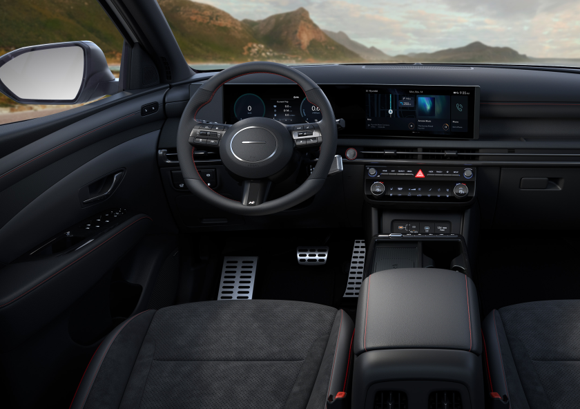 The interior of a car with mountains in the background.