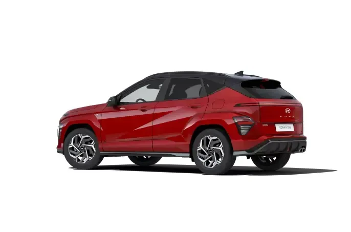 The rear end of a red car is shown on a white background. Kona N Line