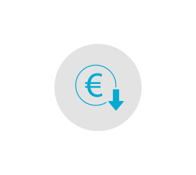 An icon of a euro sign with an arrow pointing down.