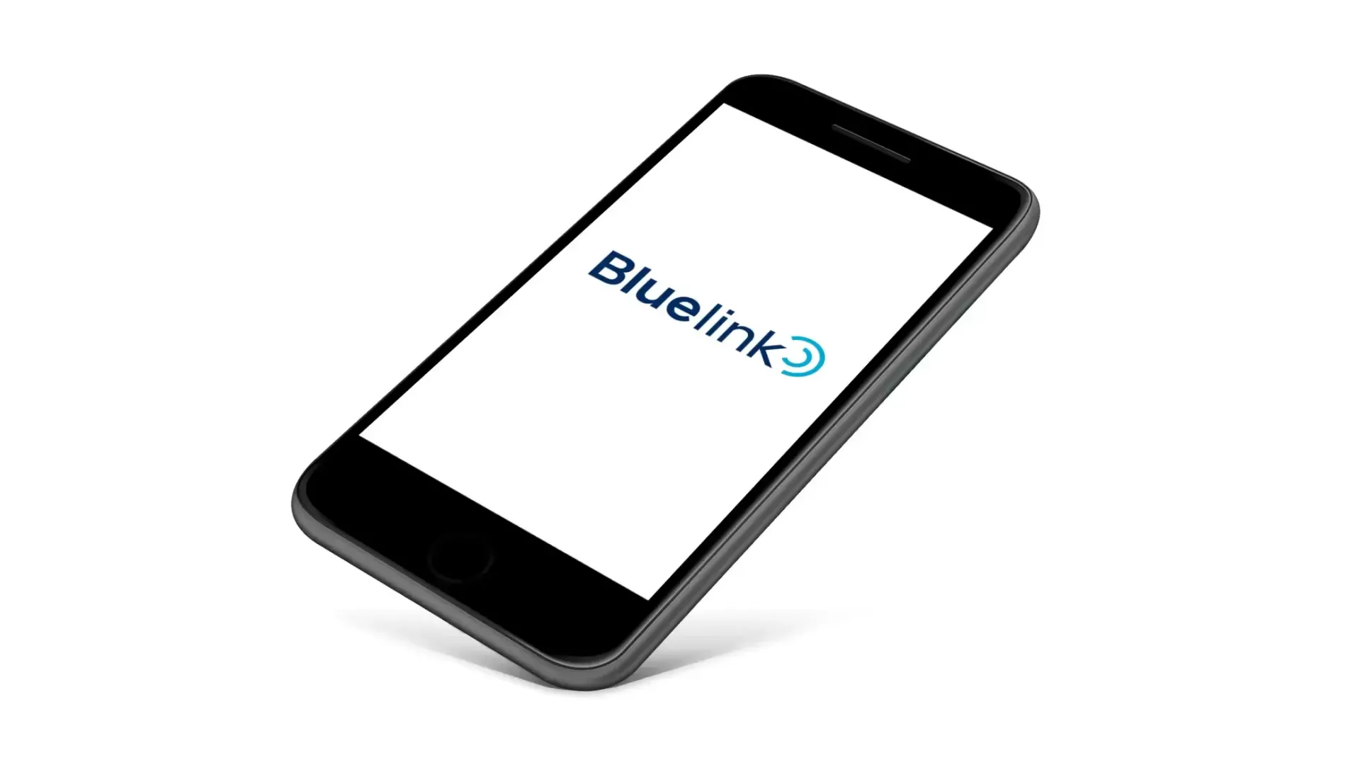 A black cell phone with a bluelink logo on the screen. Inster