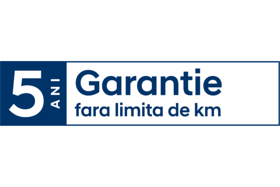 A blue and white logo that says 5 ani garantie fara limita de km Staria