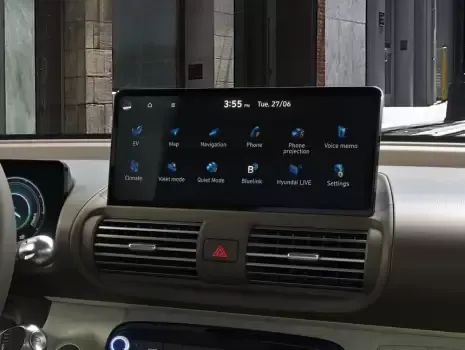 A car dashboard with a tablet on top of it. Inster