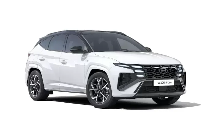 A white hyundai tucson is shown on a white background.