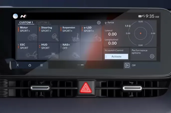 A close up of a car dashboard with a touchscreen display. Ioniq 5 N