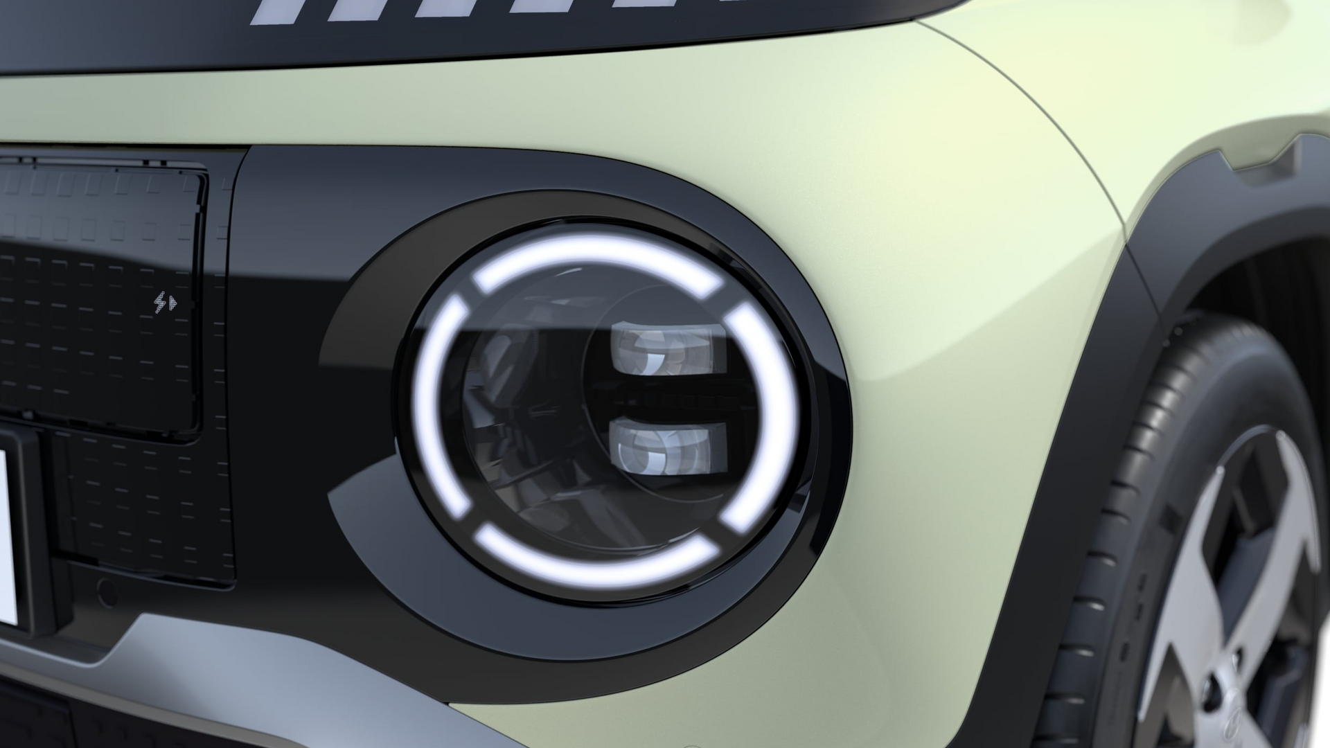 A close up of a car 's headlight on a white background. Inster 