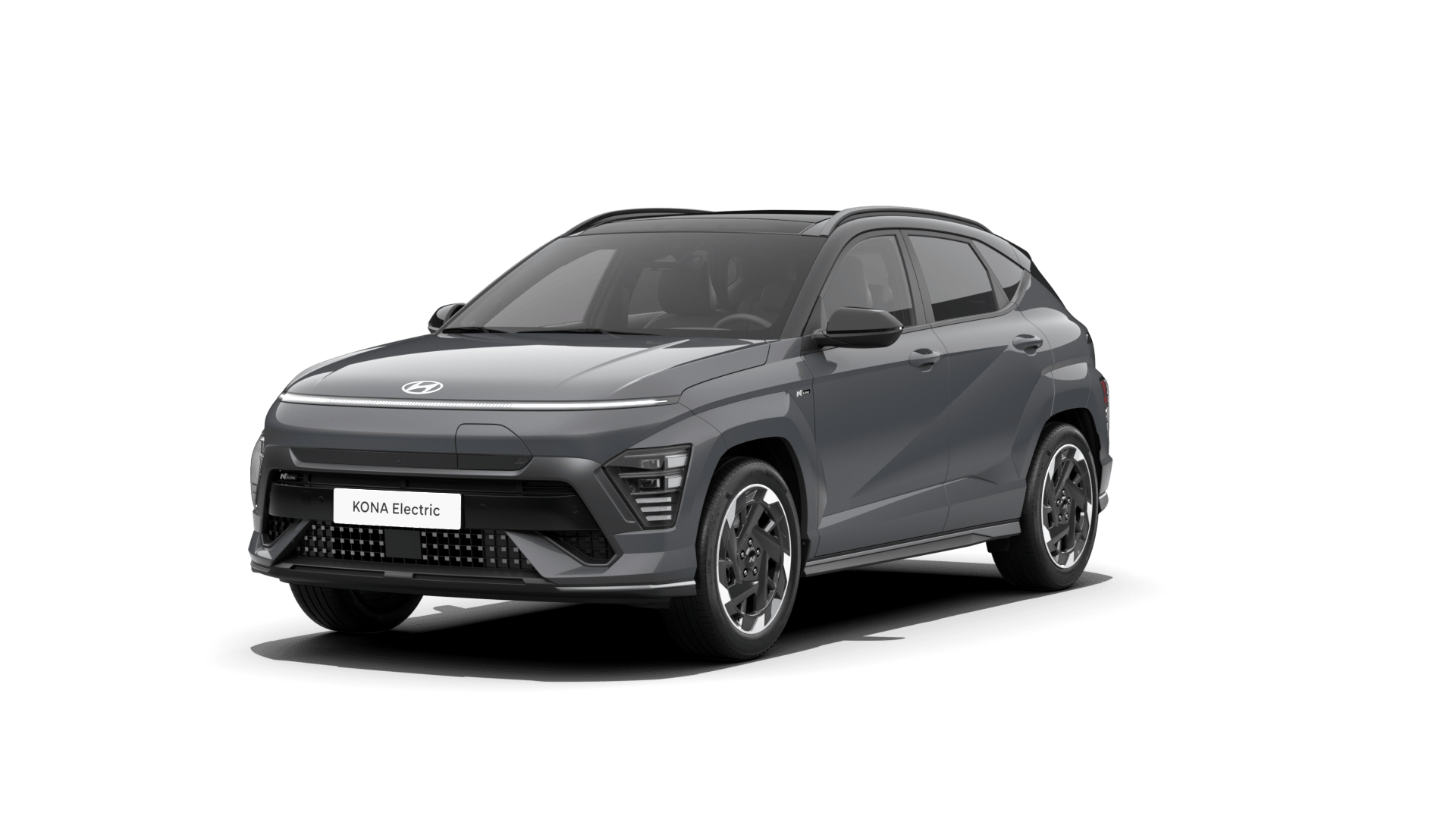 A gray car is parked on a white background. Kona N Line Electric