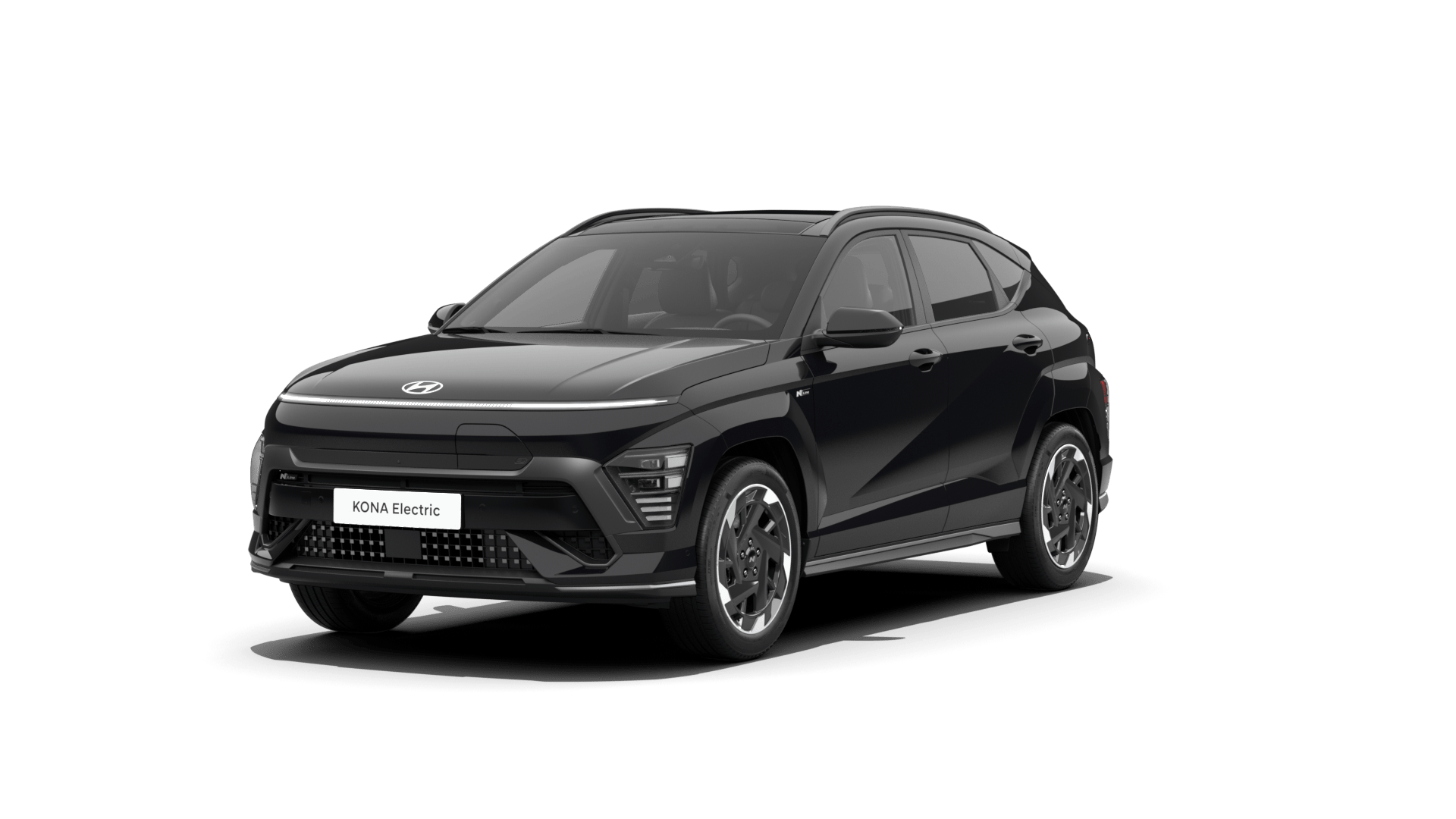 A black car is parked on a white background. Kona N Line Electric