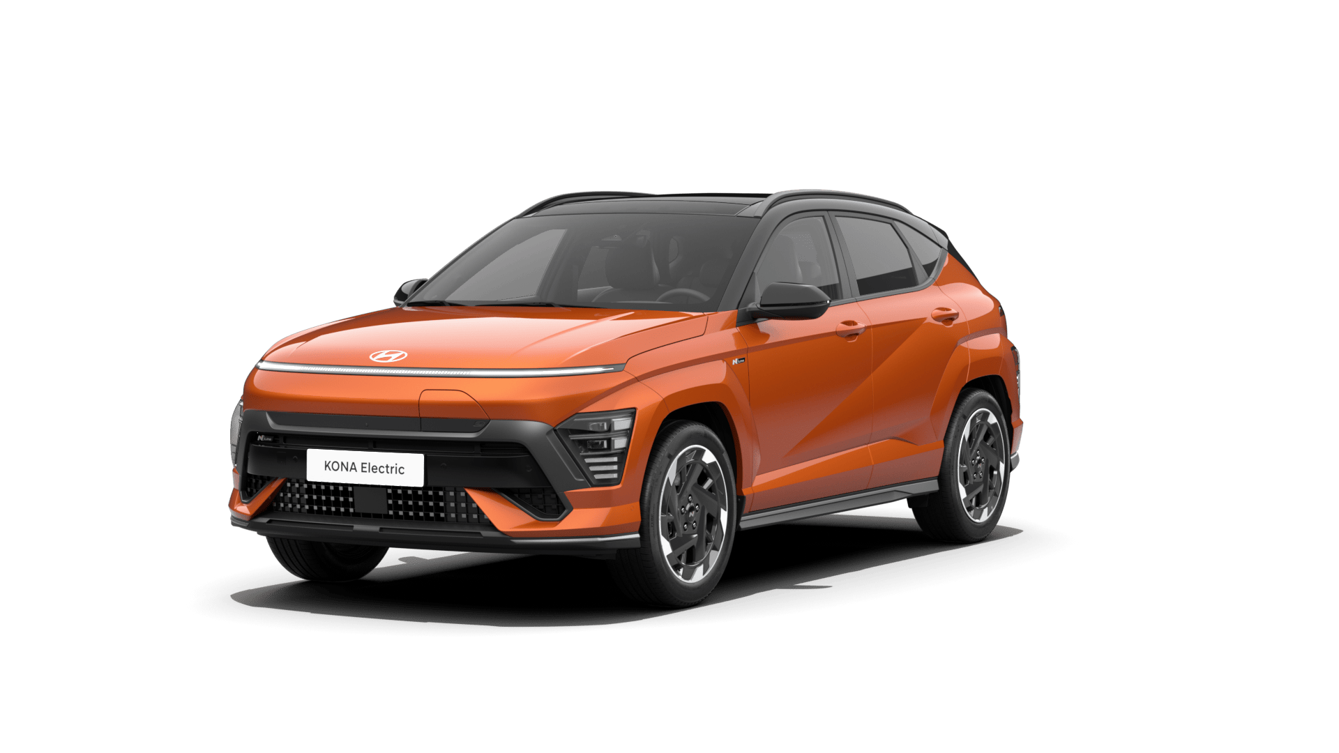 A orange car is parked on a white background. Kona N Line Electric