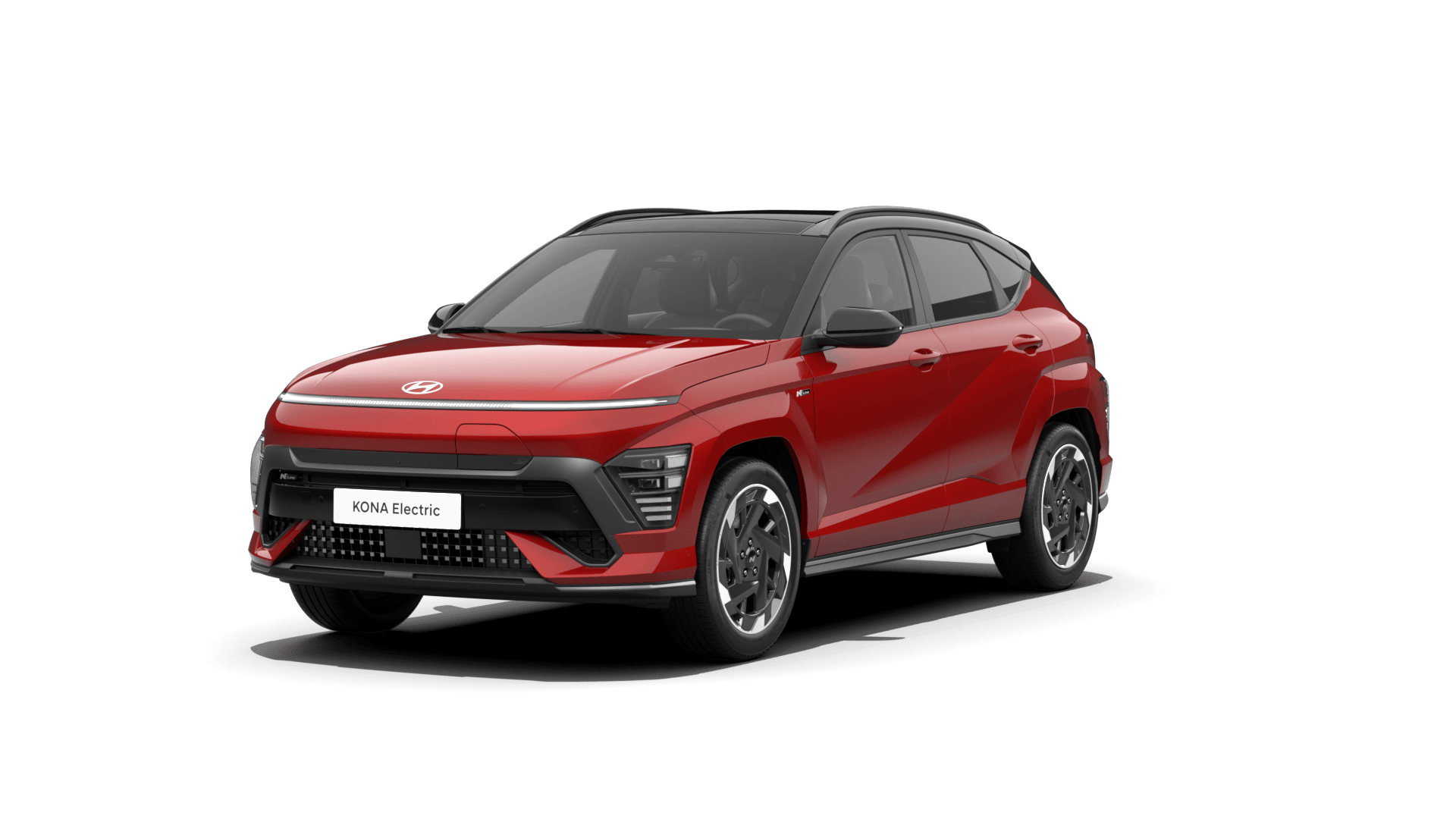 A red car is parked on a white background. Kona N Line Electric