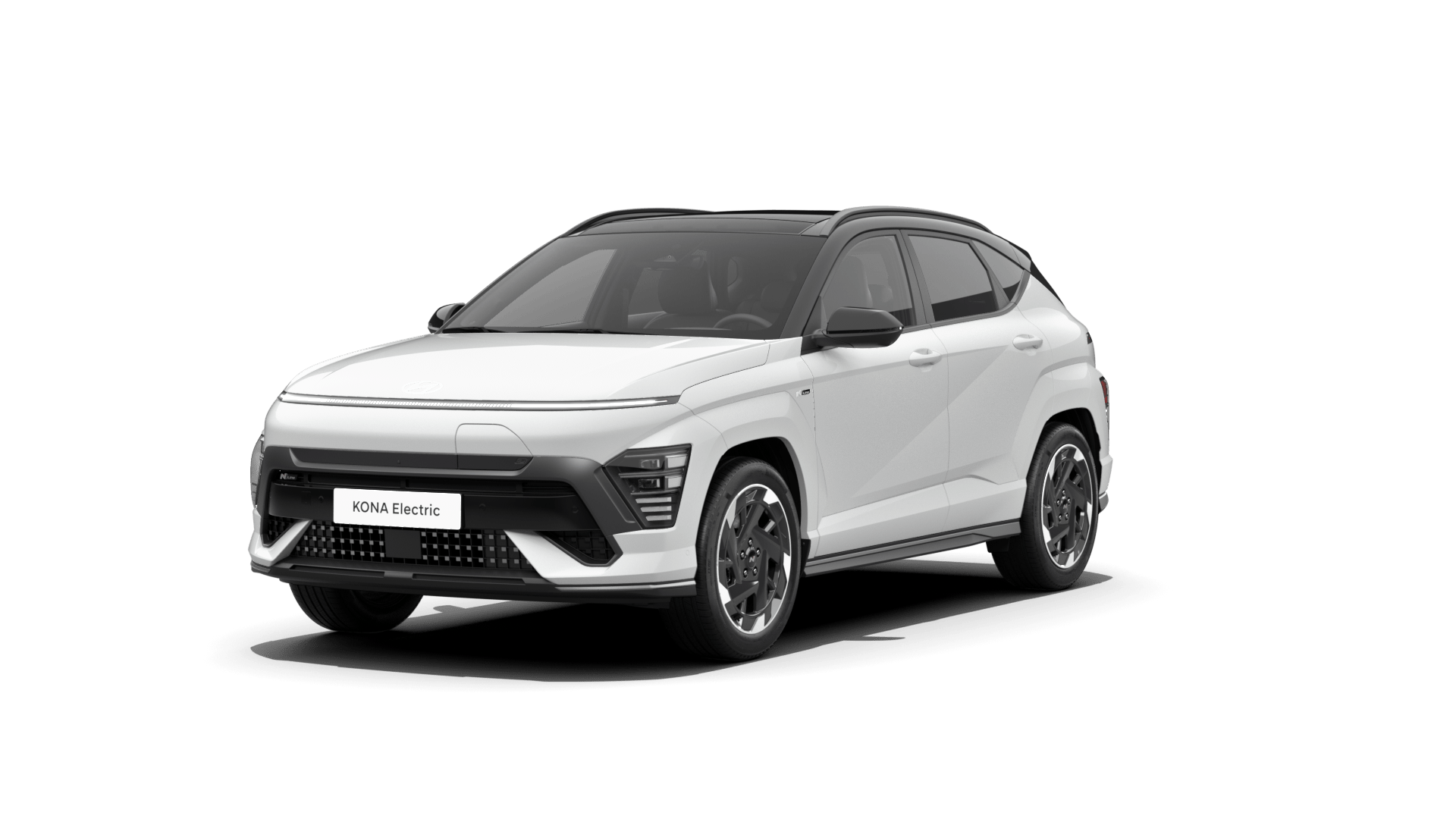 A white car is parked on a white background. Kona N Line Electric