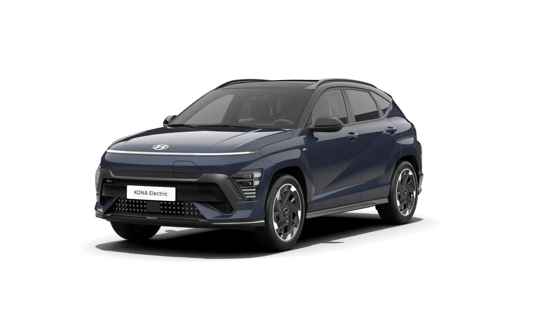 A blue car is parked on a white background. Kona N Line Electric