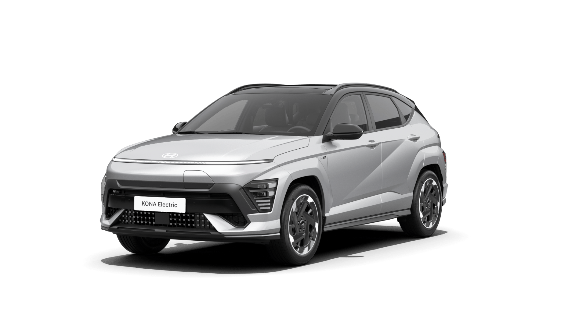 A silver car is parked on a white background. Kona N Line Electric