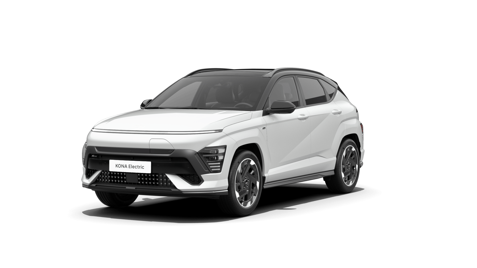 A white car is parked on a white background. Kona N Line Electric