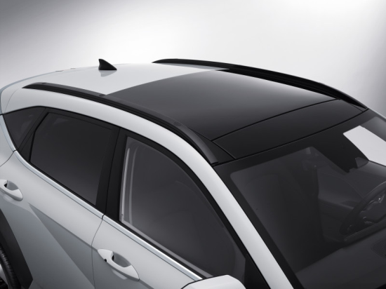 A black and white car with a black roof Kona