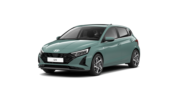A green hyundai i20 hatchback is shown on a white background.