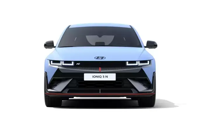 The front of a blue hyundai ioniq 5 n is shown on a white background.