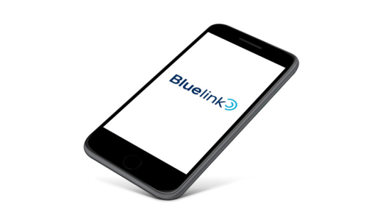 A black cell phone with the bluelink logo on the screen Kona