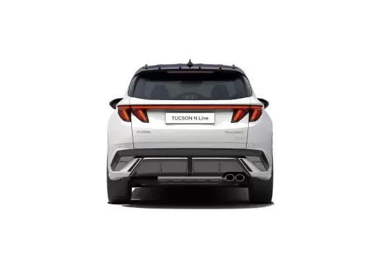 The rear end of a white car is shown on a white background.