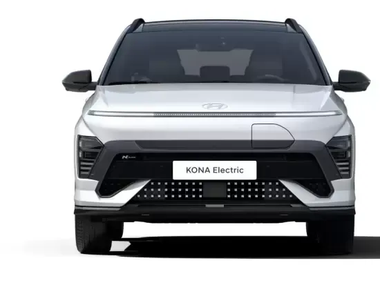 The front of a white kona electric suv on a white background.