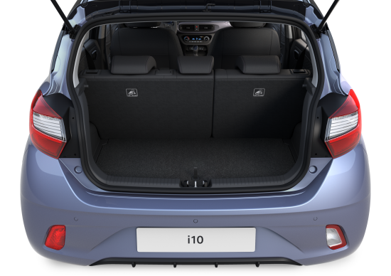 The trunk of a blue hyundai i10 hatchback