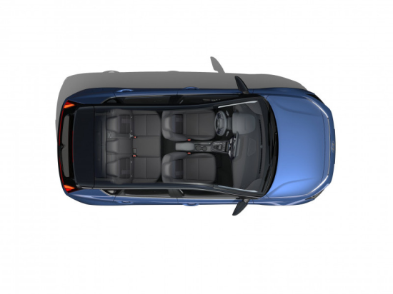 An aerial view of a blue car with black seats on a white background. Bayon