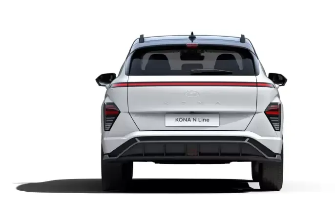 The rear end of a white car is shown on a white background. Kona N Line Electric