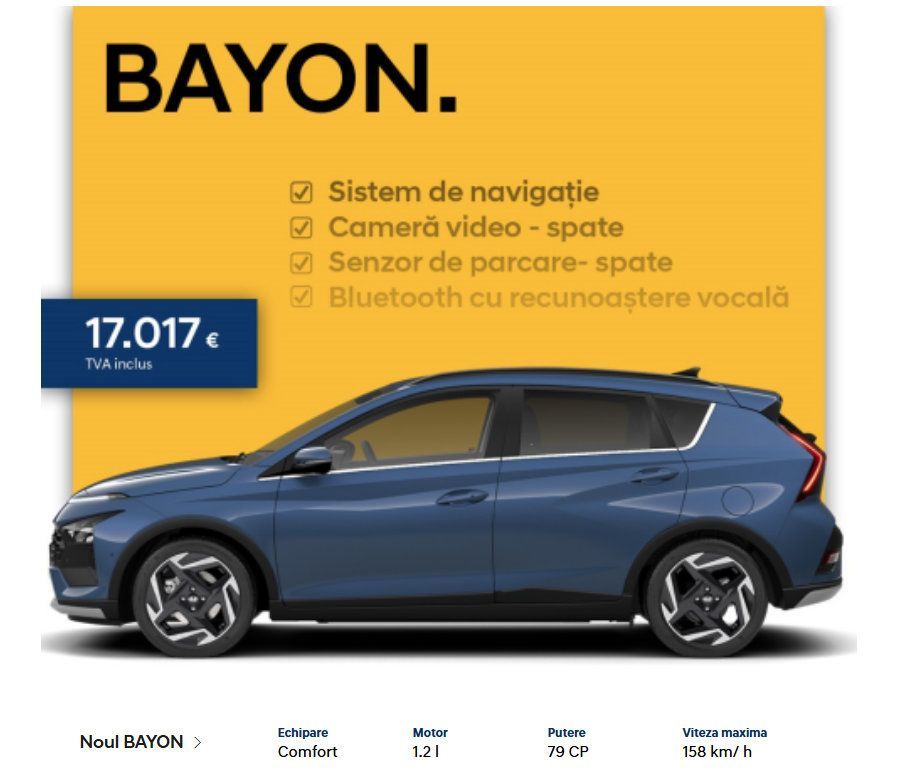 A blue car with the word bayon on it