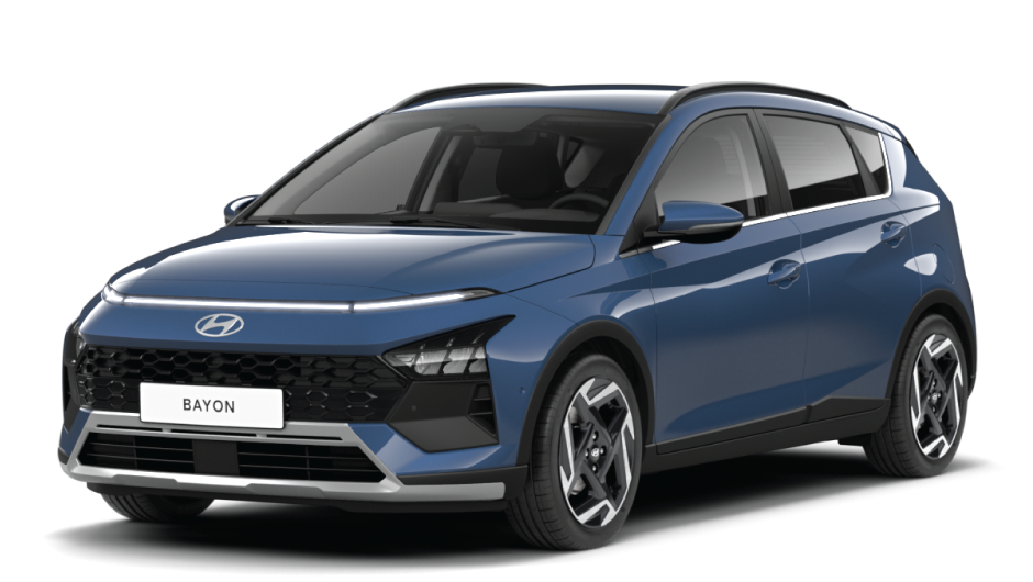 A blue hyundai bayon is shown on a white background.