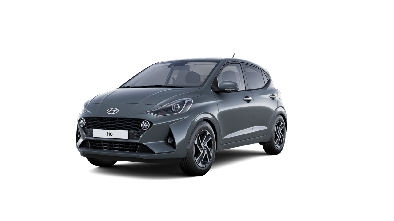 A gray hyundai i10 hatchback is shown on a white background.