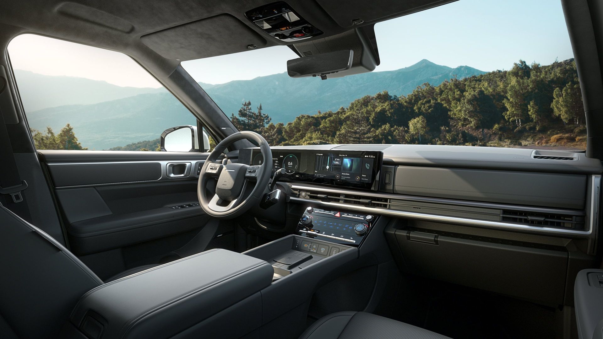 The interior of a car with mountains in the background. Santa Fe