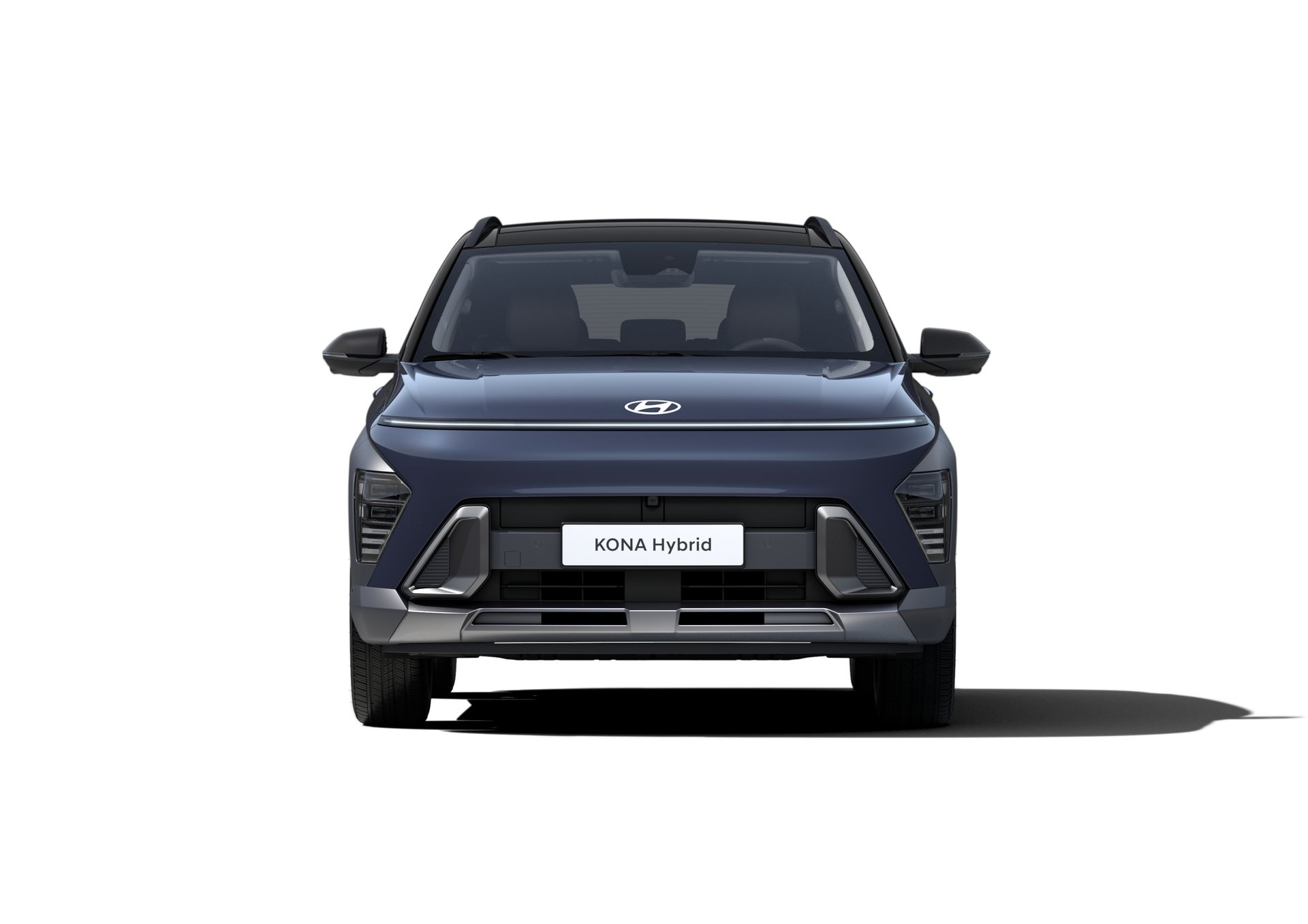 The front of a blue car is shown on a white background. Kona