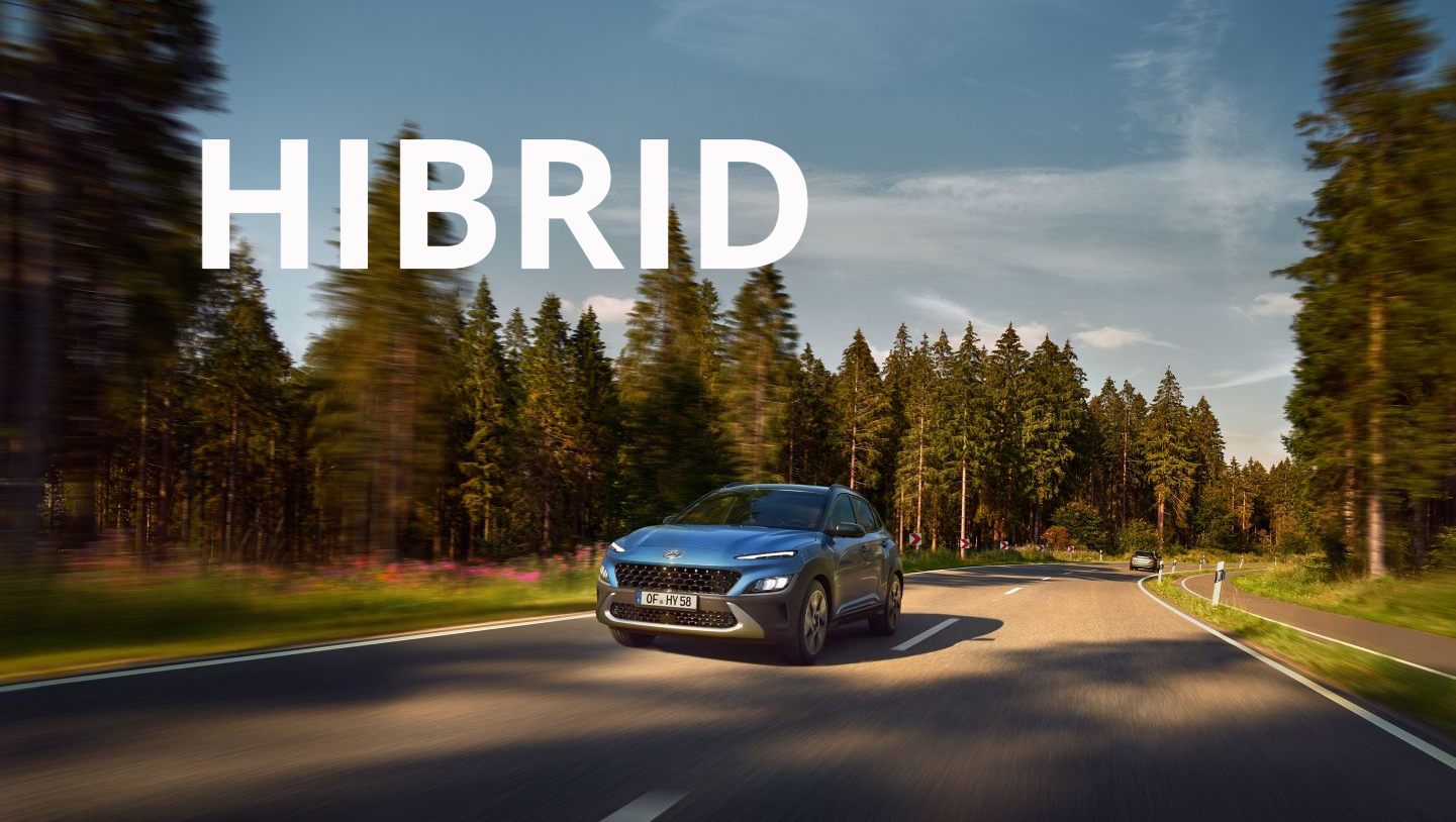 A blue car is driving down a road next to a forest.