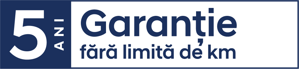 A blue and white sign that says 5 garantie fara limita de km