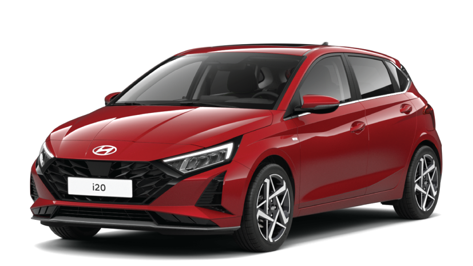 A red hyundai i20 hatchback is shown on a white background.